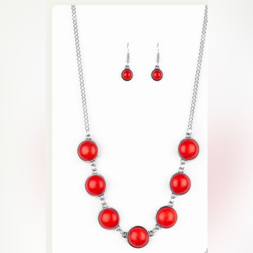 Red Bead Necklace and Earrings Set - Women's Jewelry